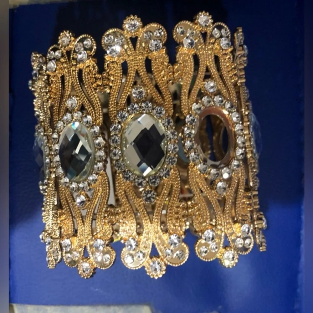 Natasha couture gold crystal glass baroque filigree‎ style cuff bracelet new